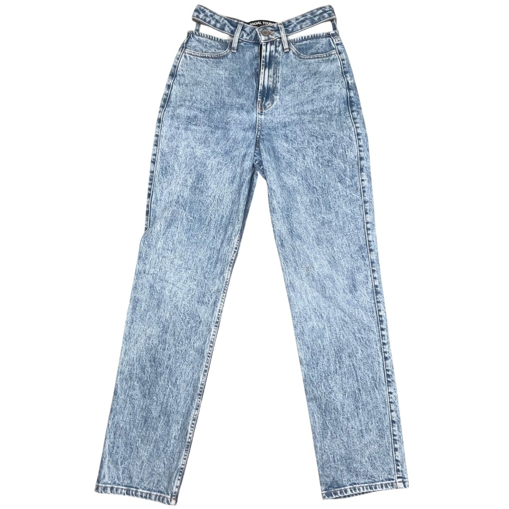 Social Tourist Jeans Womens 25 Blue  Acid Wash Straight Cutout Double Waistband